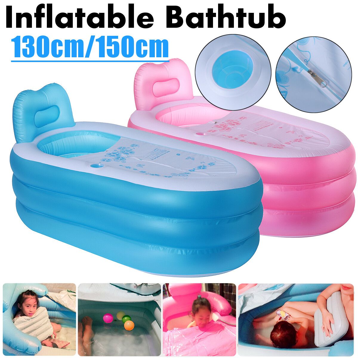 59'' Inflatable Folding PVC Blow Up Bathtub Adult Home Spa Tub Swimming Portable 150cm Blue