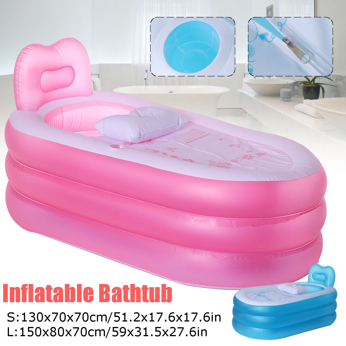 59'' Inflatable Folding PVC Blow Up Bathtub Adult Home Spa Tub Swimming Portable 150cm Blue