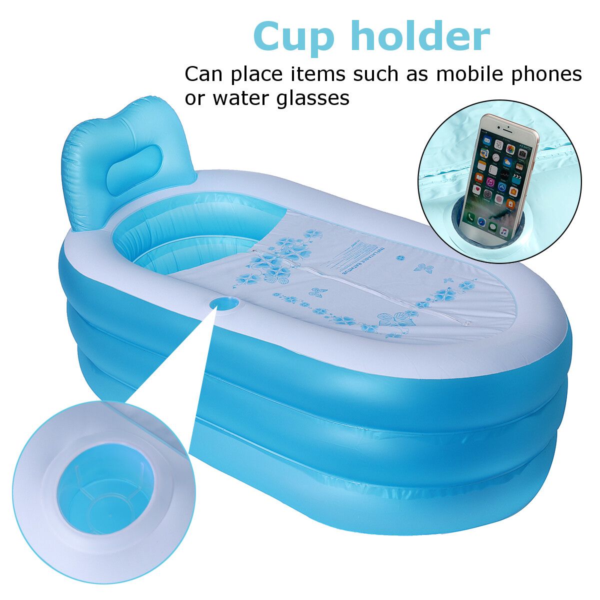 59'' Inflatable Folding PVC Blow Up Bathtub Adult Home Spa Tub Swimming Portable 150cm Blue