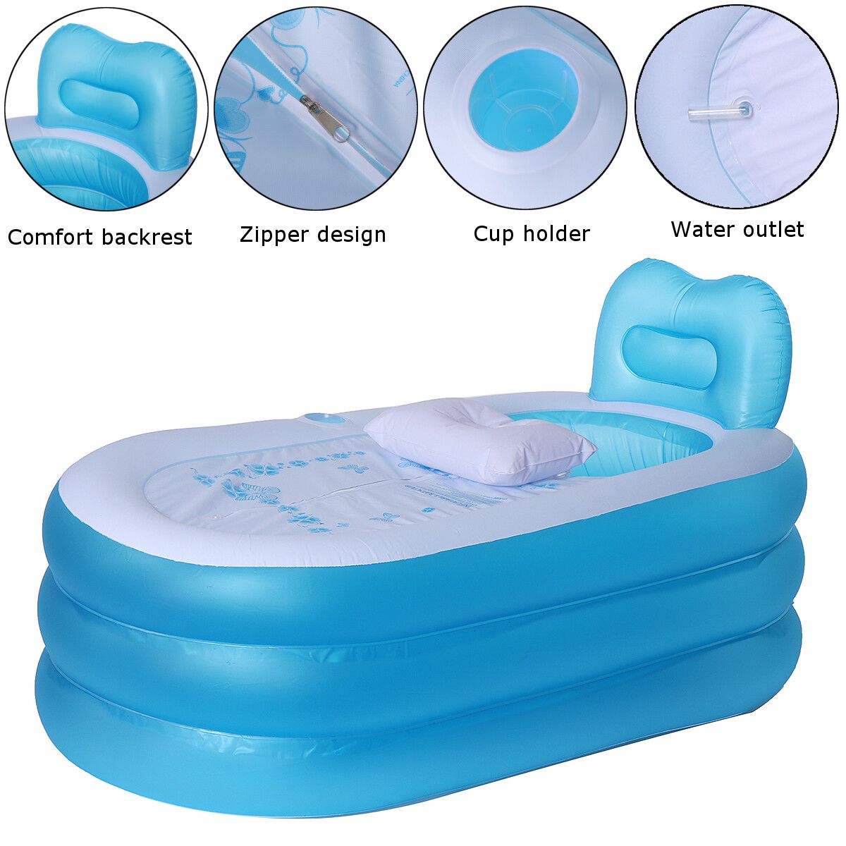 59'' Inflatable Folding PVC Blow Up Bathtub Adult Home Spa Tub Swimming Portable 150cm Blue
