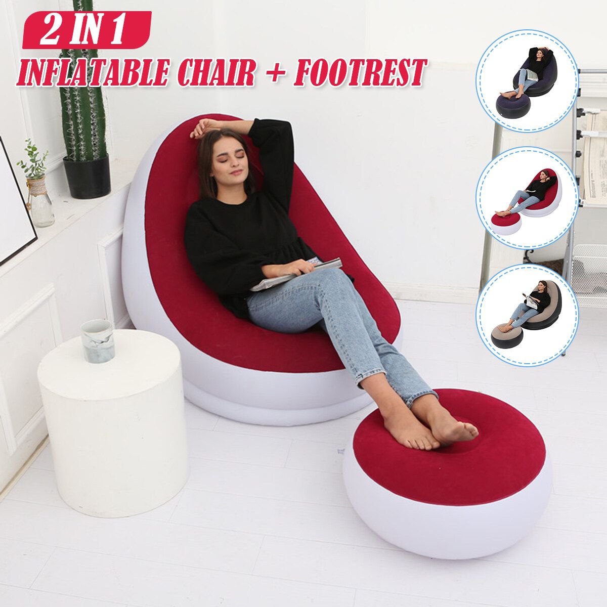 Large Inflatable Lounge Chair Ottoman Set Portable Sofa Footrest Travel Red