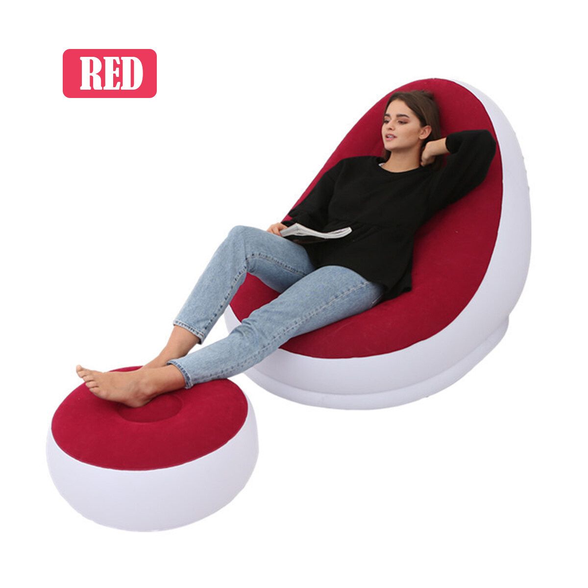 Large Inflatable Lounge Chair Ottoman Set Portable Sofa Footrest Travel Red