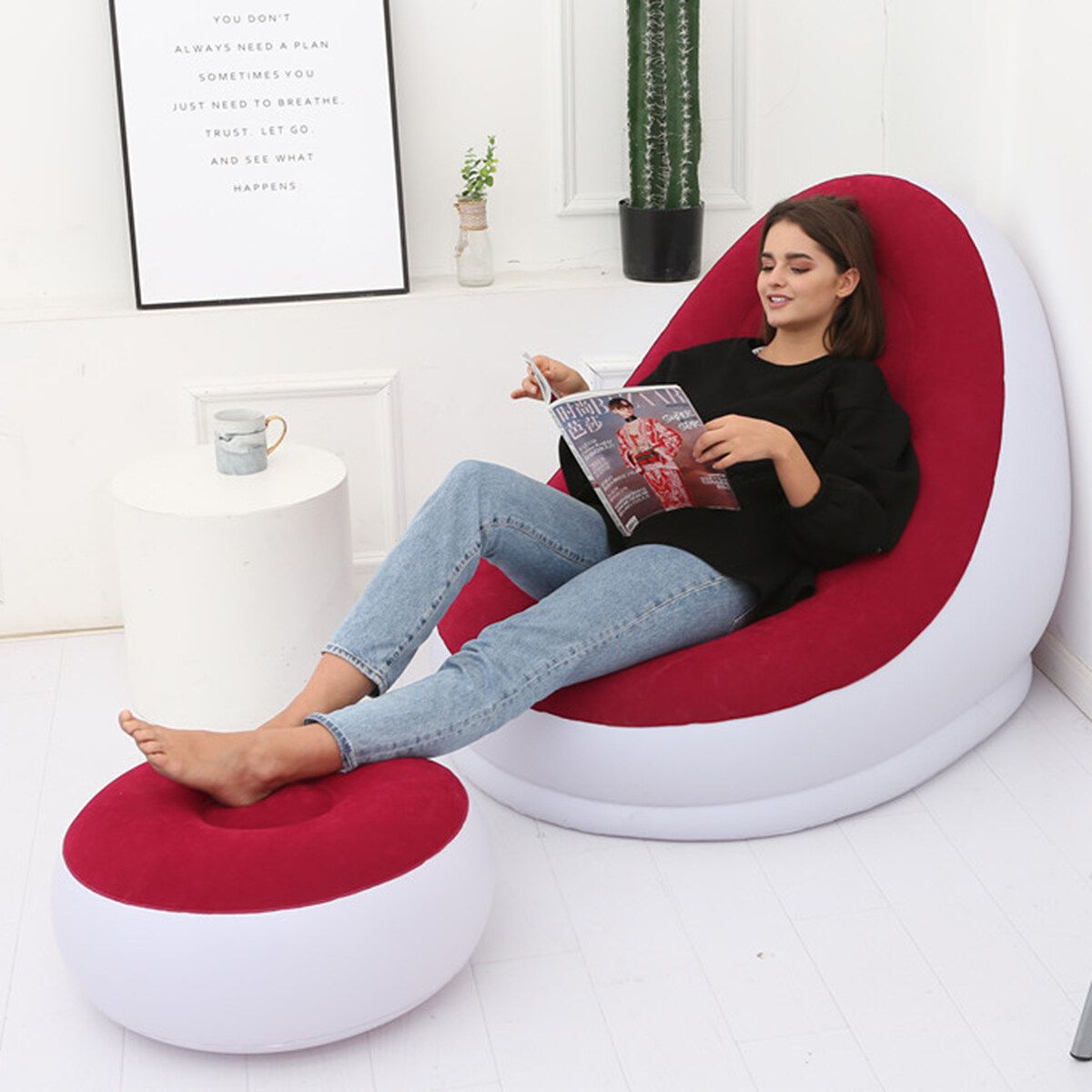 Large Inflatable Lounge Chair Ottoman Set Portable Sofa Footrest Travel Red