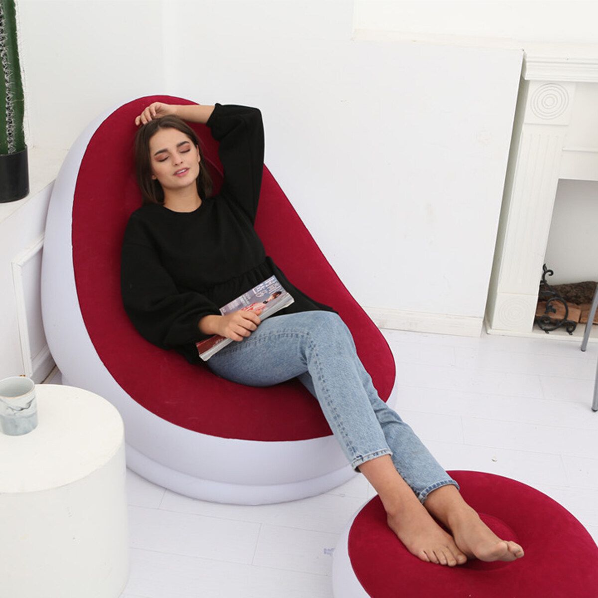 Large Inflatable Lounge Chair Ottoman Set Portable Sofa Footrest Travel Red