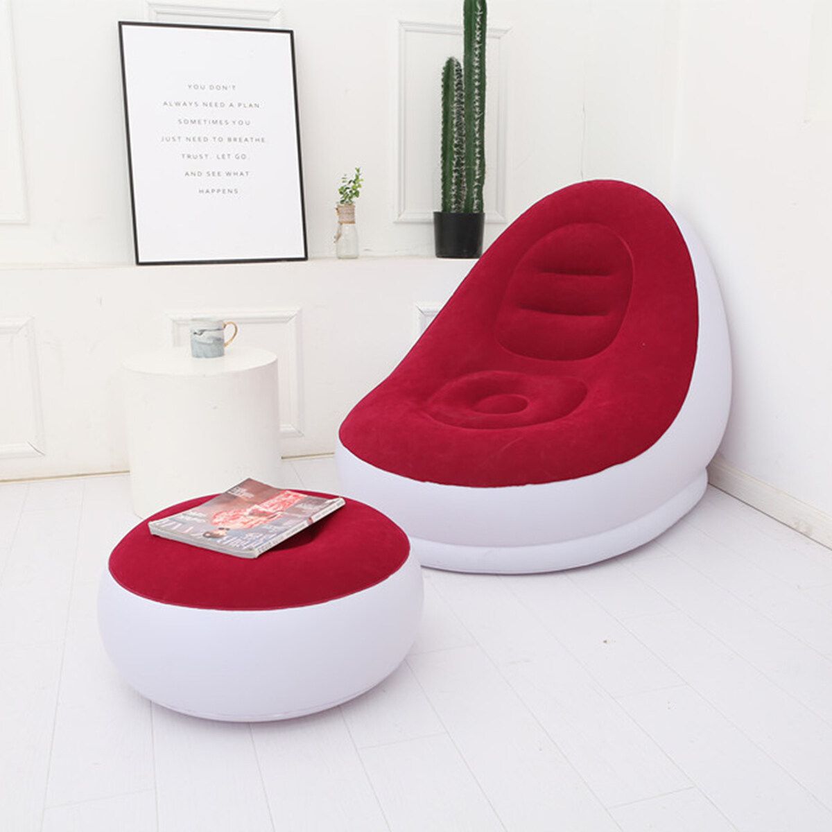 Large Inflatable Lounge Chair Ottoman Set Portable Sofa Footrest Travel Red