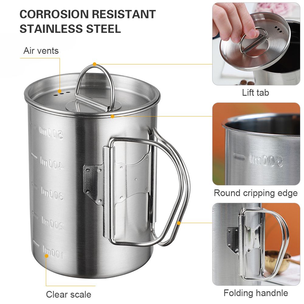 Camping Cup Pot With Foldable Handles And Lid Stainless
