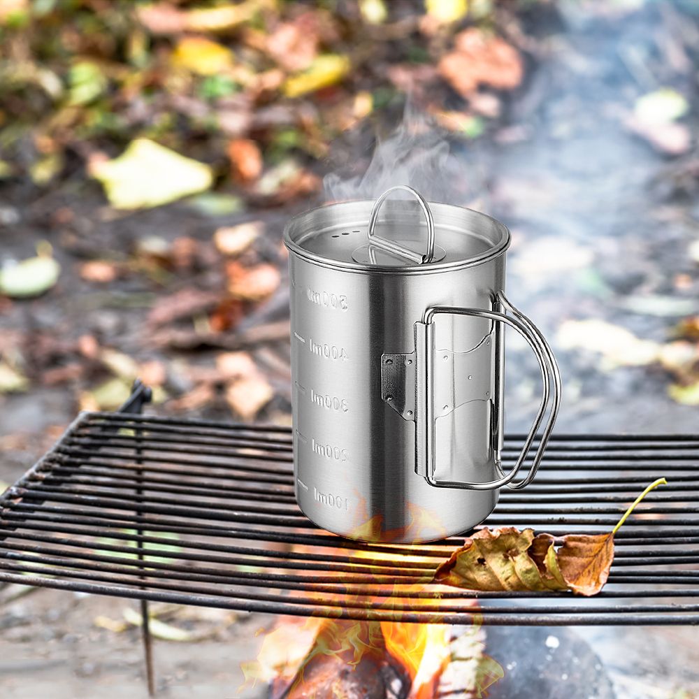 Camping Cup Pot With Foldable Handles And Lid Stainless