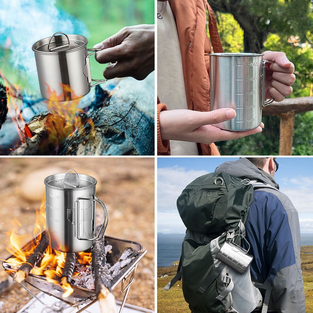 Camping Cup Pot With Foldable Handles And Lid Stainless