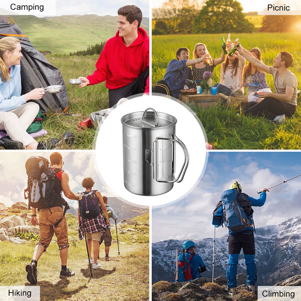 Camping Cup Pot With Foldable Handles And Lid Stainless