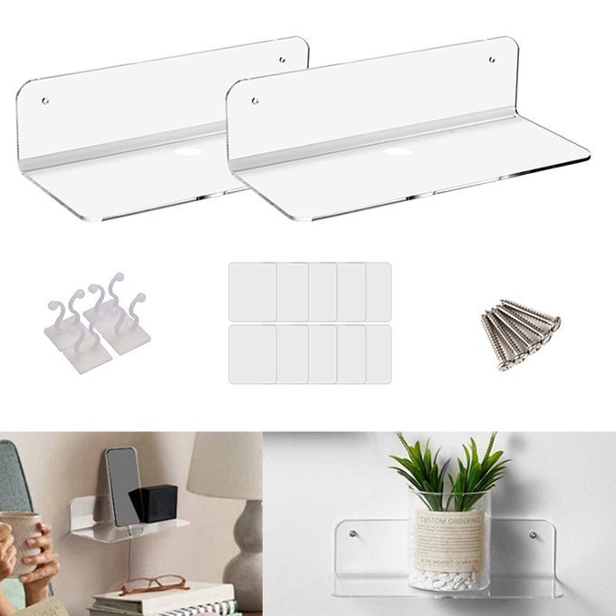 2Pcs Acrylic Floating Wall Rack Small Display Shelf For Wireless Clear