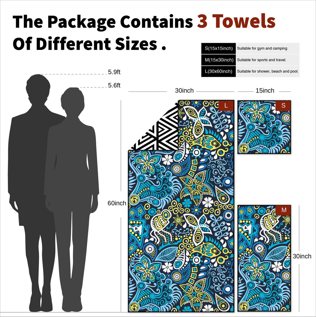 3 Size At 1 Pack Microfiber Printted Sport Towel