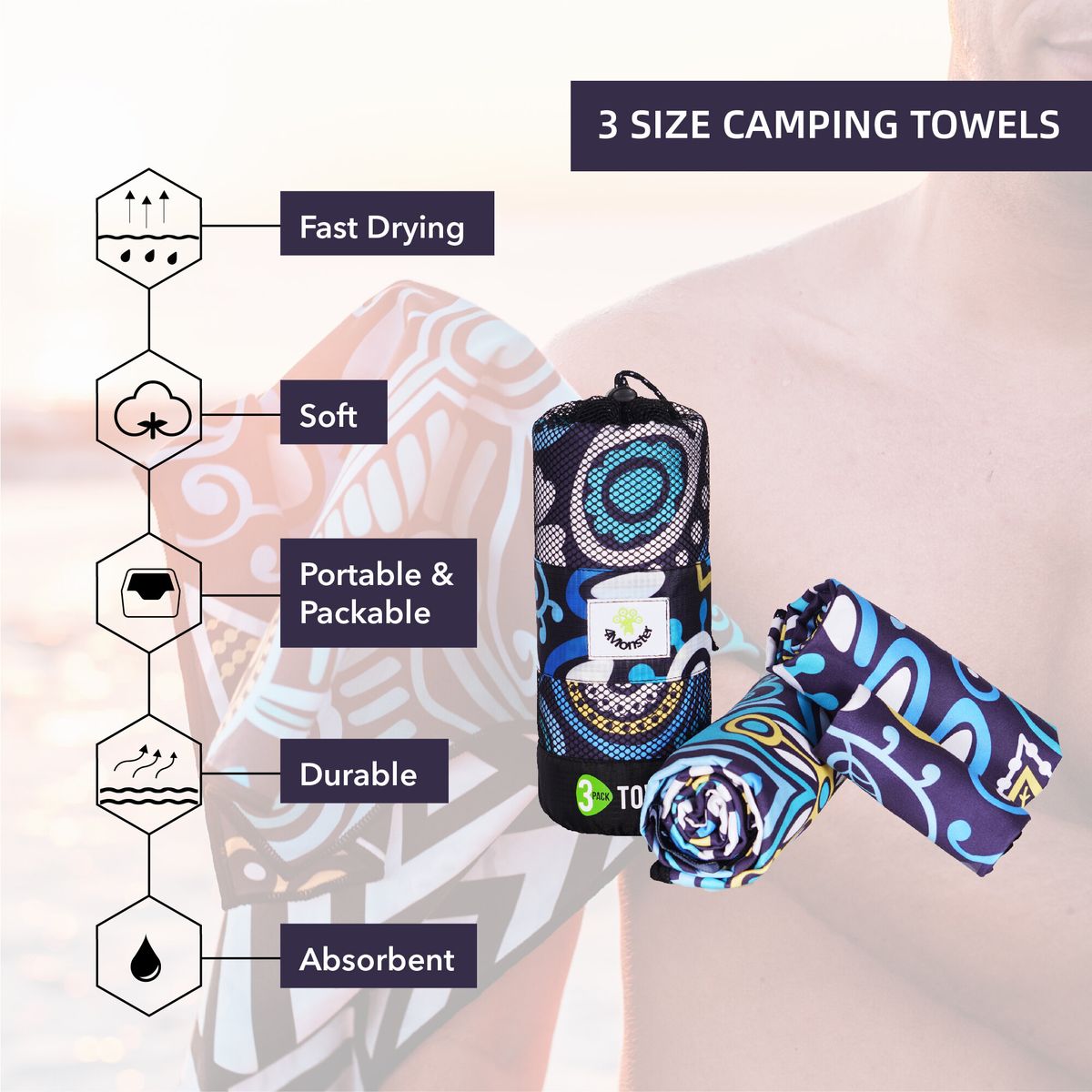 3 Size At 1 Pack Microfiber Printted Sport Towel