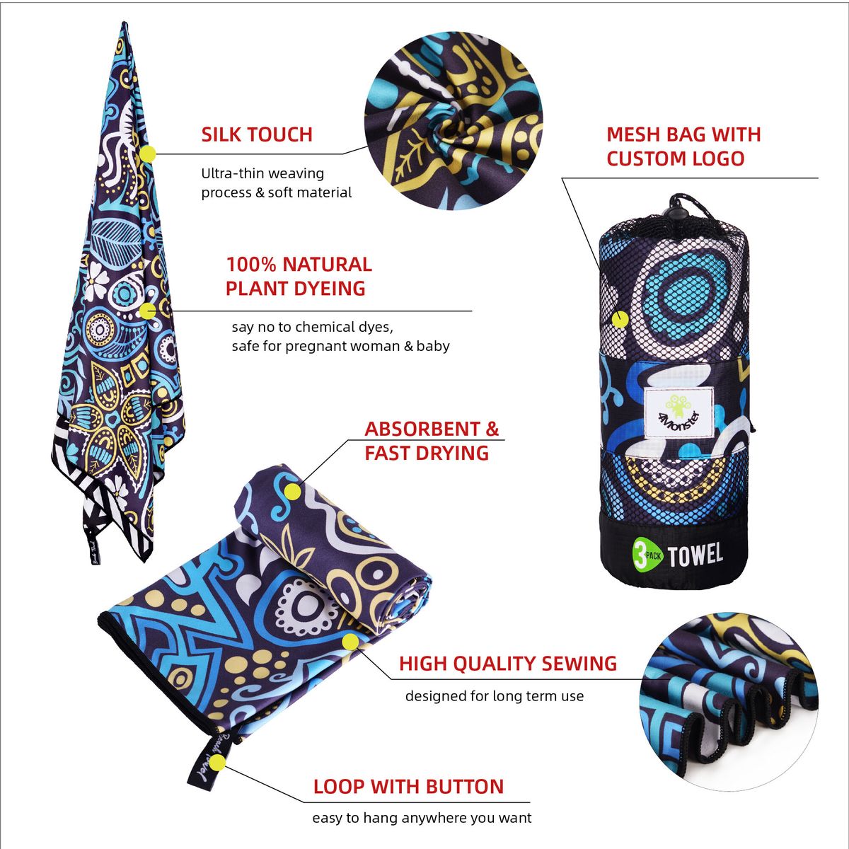 3 Size At 1 Pack Microfiber Printted Sport Towel