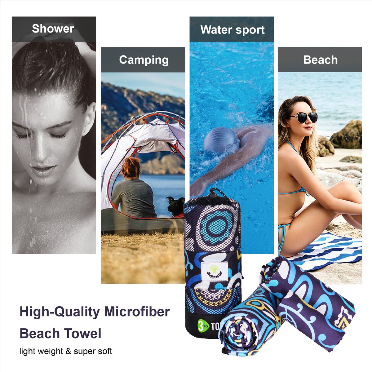 3 Size At 1 Pack Microfiber Printted Sport Towel