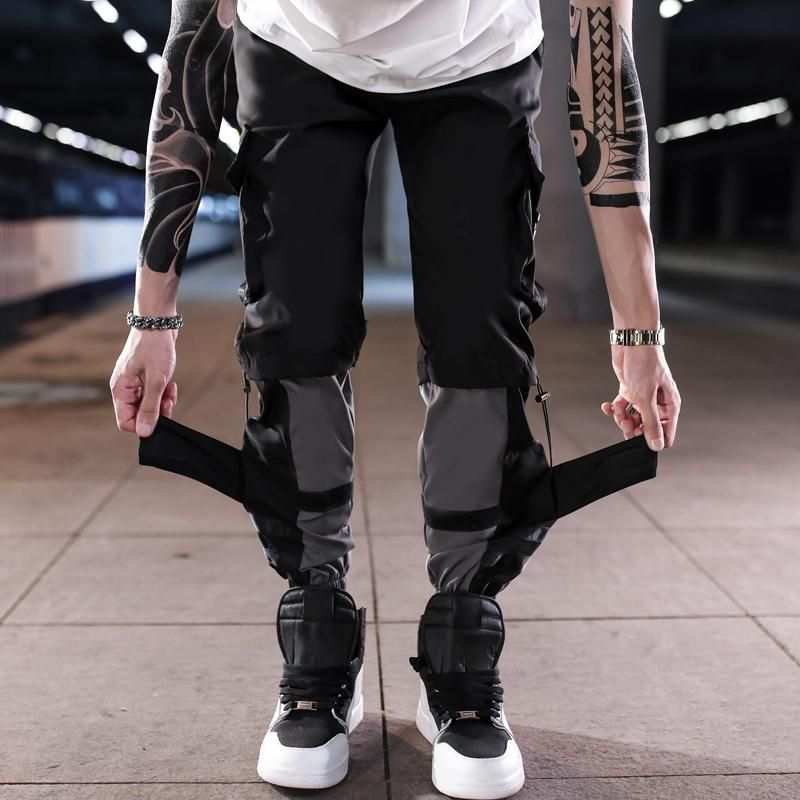 Patchwork Block Pocket Cargo Joggers Men Print Hip Hop Style Letters New Harem Pants Casual Men Ribbons Tracksuit Pants
