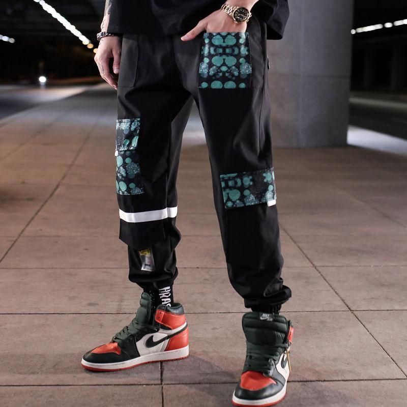 Patchwork Block Pocket Cargo Joggers Men Print Hip Hop Style Letters New Harem Pants Casual Men Ribbons Tracksuit Pants
