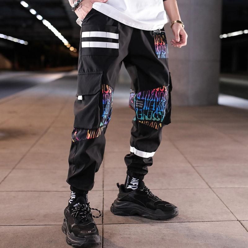 Patchwork Block Pocket Cargo Joggers Men Print Hip Hop Style Letters New Harem Pants Casual Men Ribbons Tracksuit Pants