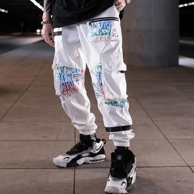 Patchwork Block Pocket Cargo Joggers Men Print Hip Hop Style Letters New Harem Pants Casual Men Ribbons Tracksuit Pants