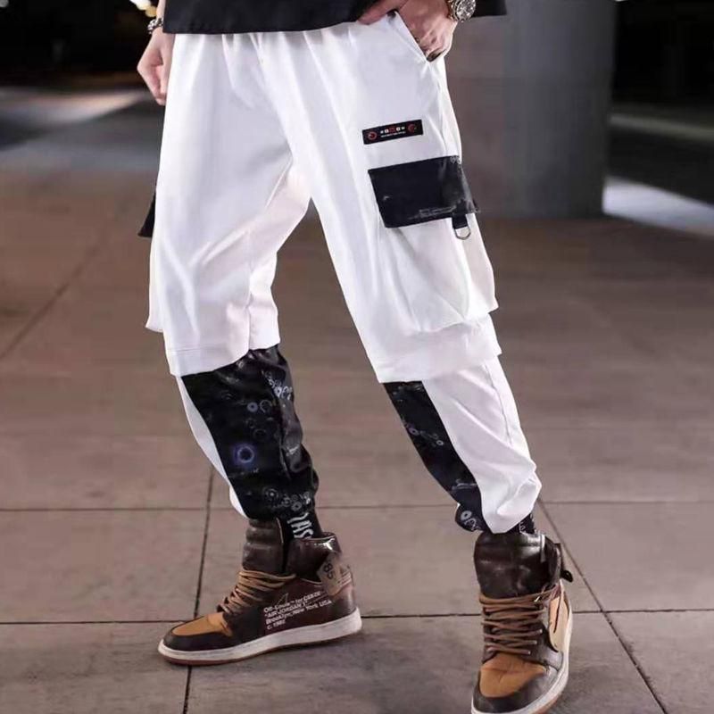Patchwork Block Pocket Cargo Joggers Men Print Hip Hop Style Letters New Harem Pants Casual Men Ribbons Tracksuit Pants