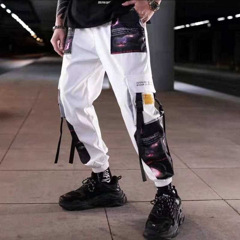 Patchwork Block Pocket Cargo Joggers Men Print Hip Hop Style Letters New Harem Pants Casual Men Ribbons Tracksuit Pants
