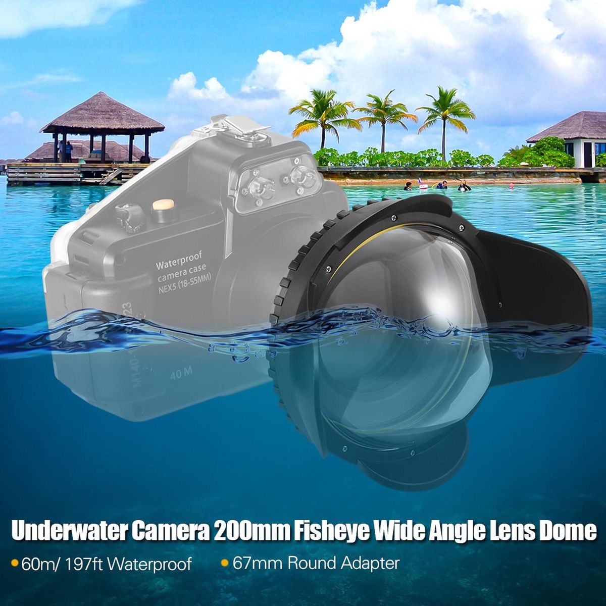 MEIKON Underwater Camera 200mm Fisheye Wide Angle Lens Dome Port Case Shade Cover 60m/ 197ft Waterproof 67mm Round Adapter for Camera Diving Housing