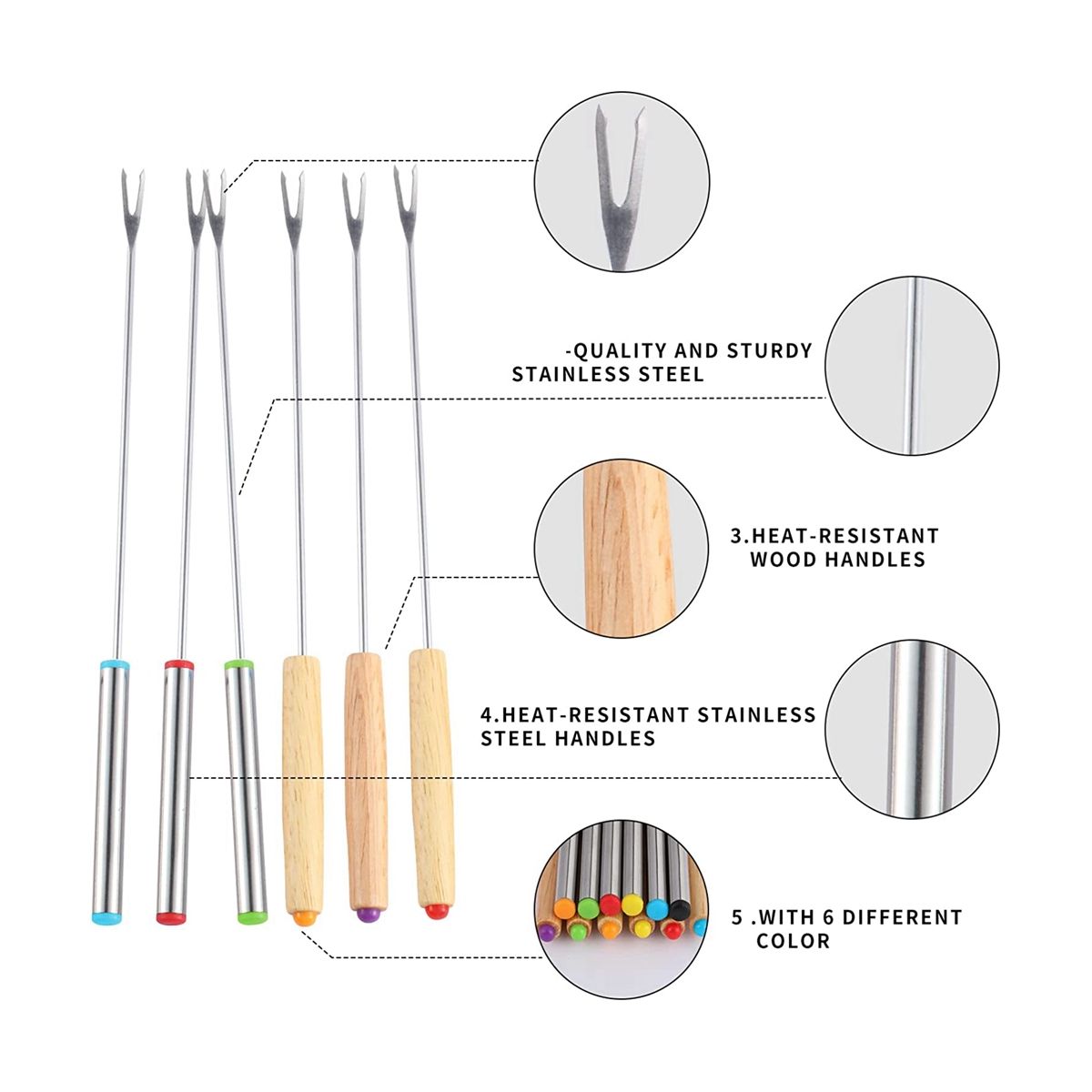 24 Pack Stainless Steel Fondue Forks 12 Wood Handles and 12 Stainless Steel Handles Heat Resistant Smores Sticks
