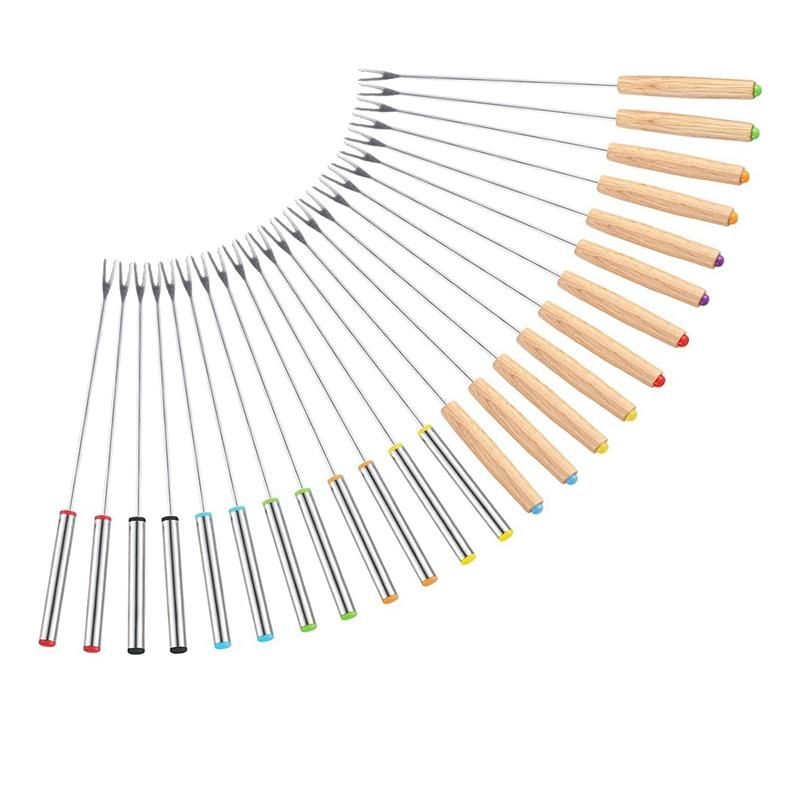 24 Pack Stainless Steel Fondue Forks 12 Wood Handles and 12 Stainless Steel Handles Heat Resistant Smores Sticks