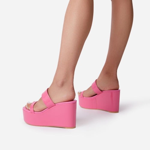 Double Strap Patent Wedge Mules - Pink