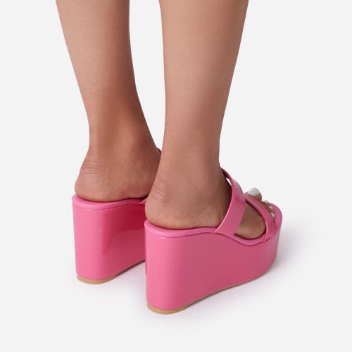 Double Strap Patent Wedge Mules - Pink