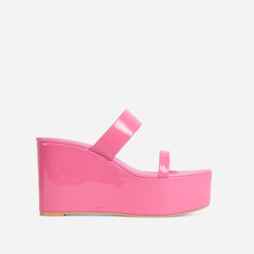Double Strap Patent Wedge Mules - Pink