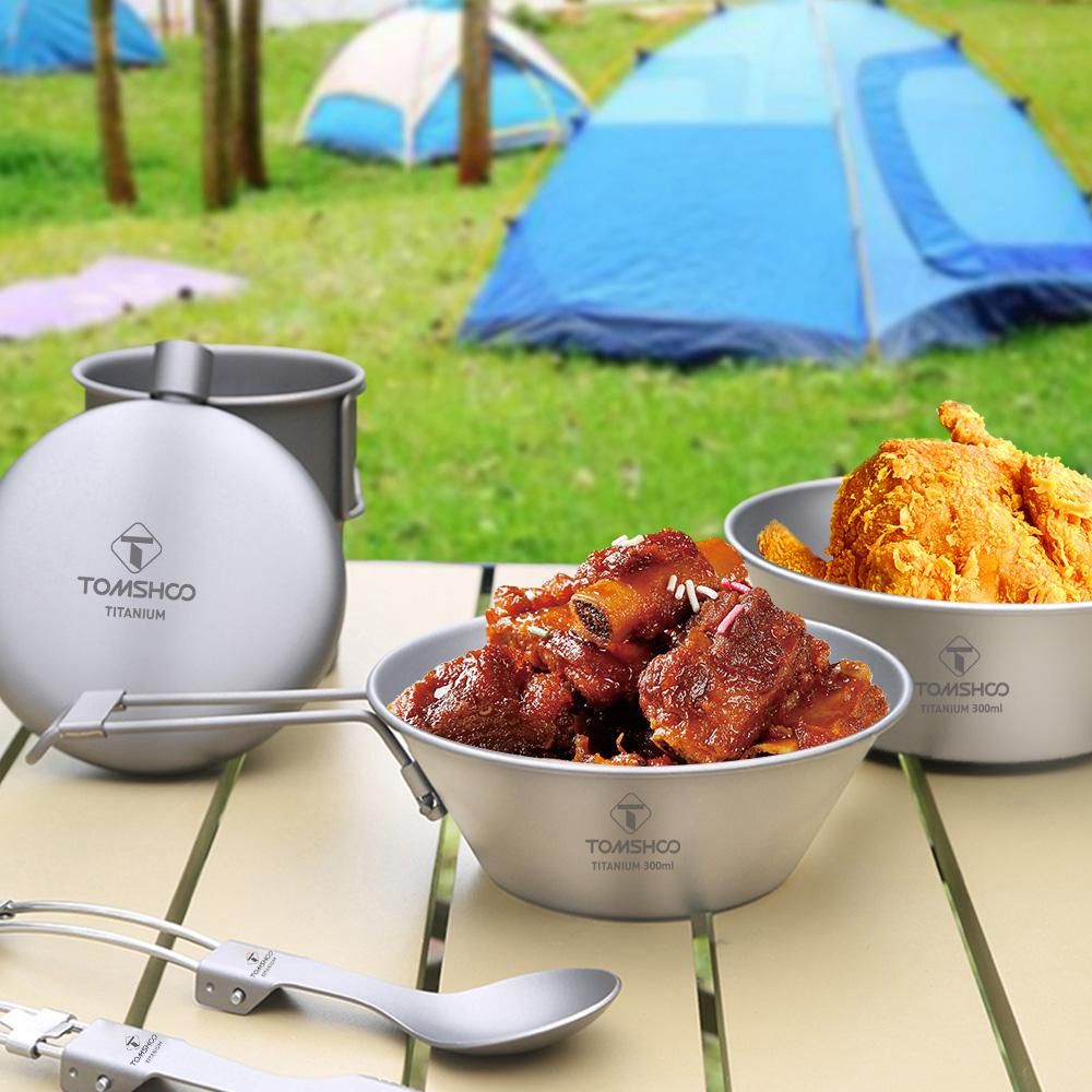 TOMSHOO Travel Cutlery Portable Camping Bowl Titanium Bowl with Folding Handle