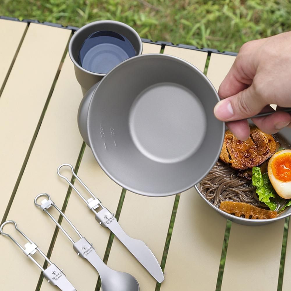 TOMSHOO Travel Cutlery Portable Camping Bowl Titanium Bowl with Folding Handle
