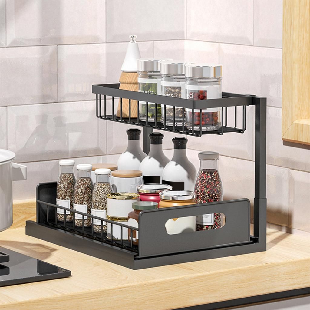 2 Tier Pull Out Cabinet Organizer Cosmetics Makeup Rack Spice Jar
