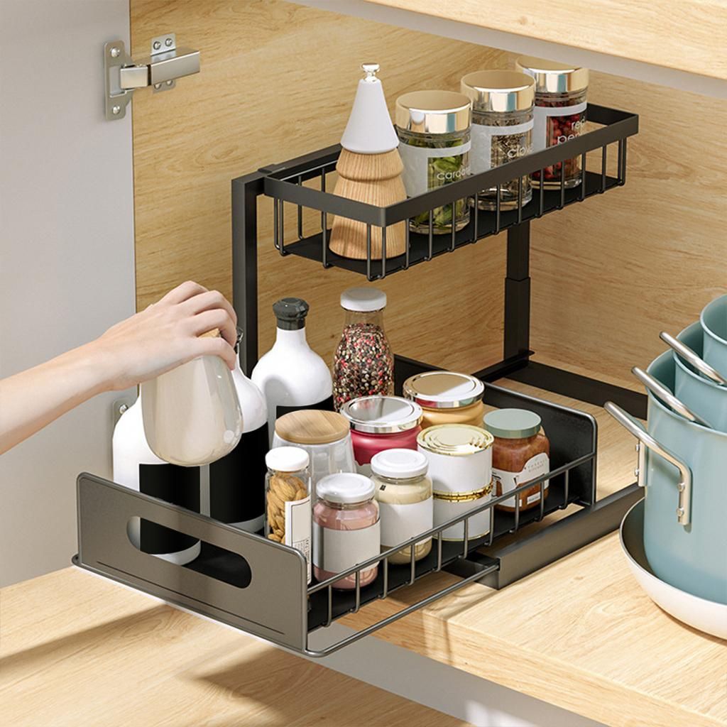 2 Tier Pull Out Cabinet Organizer Cosmetics Makeup Rack Spice Jar
