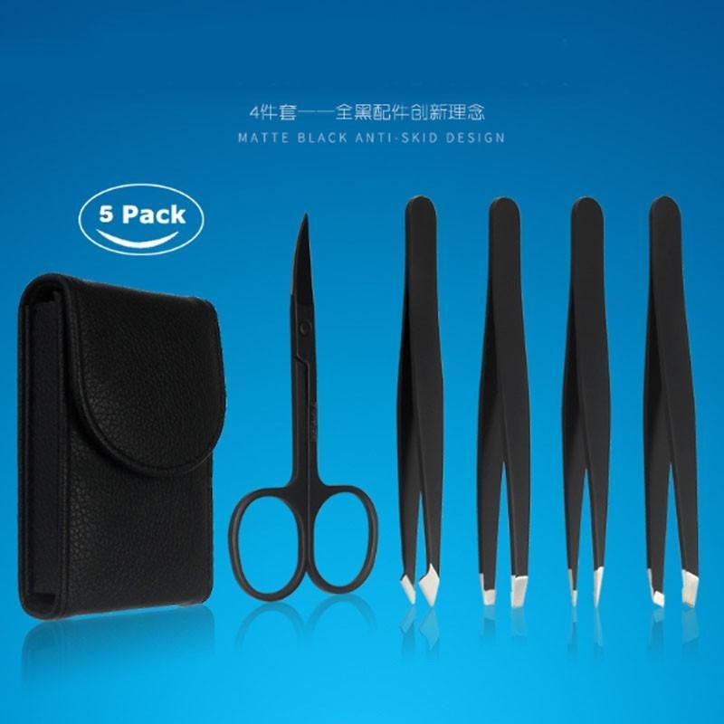 5pcs Stainless Steel Professional Eyebrow Plucking Clip brow Hair Removing Tweezer Eyebrow Scissor Tool Set with Black PU Bag