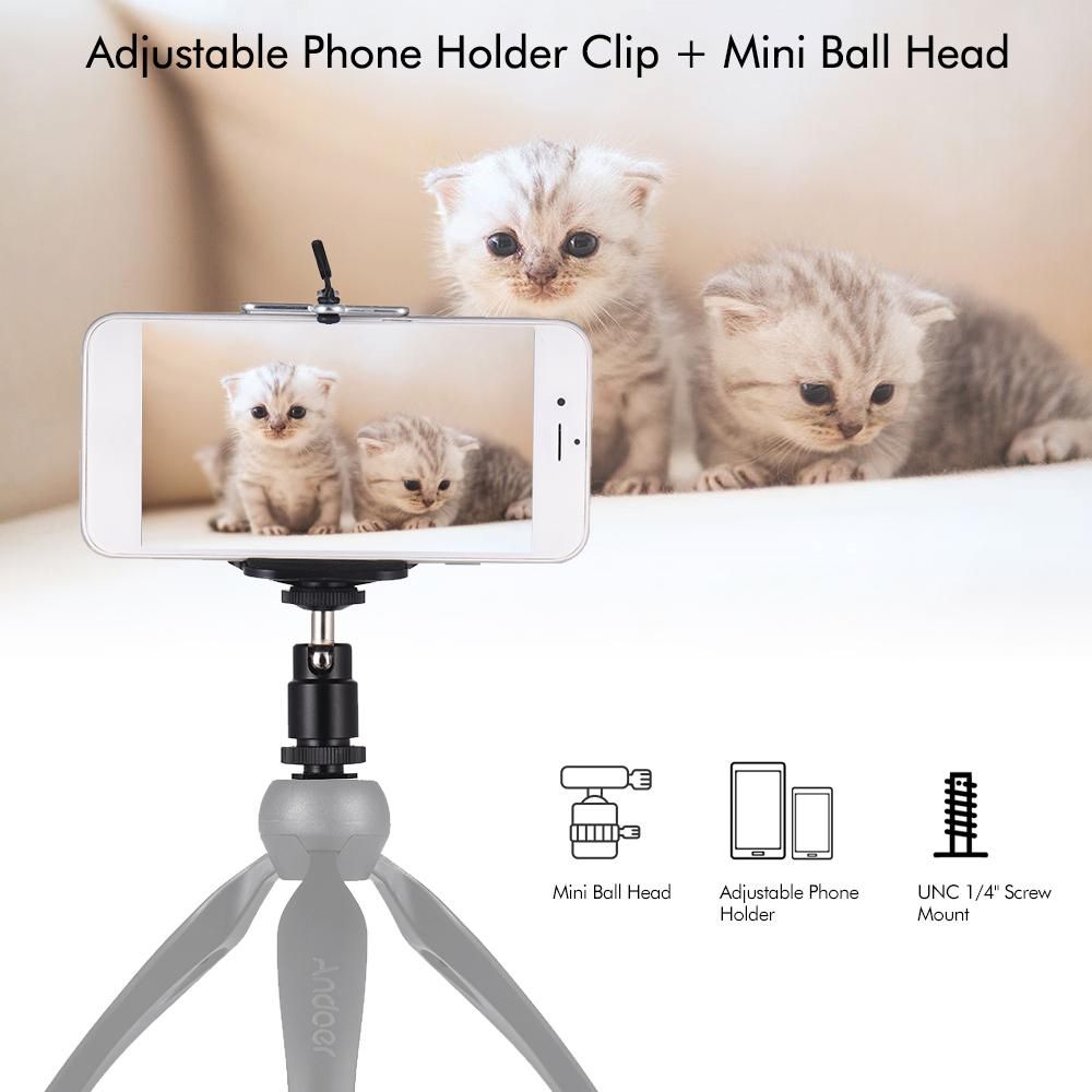 Adjustable Phone Holder Clip + Mini Ball Head with 1/4 Inch Screw Mounts for Canon Nikon Sony DSLR ILDC Mini DV Monitor Video Light Tripod for iPhone Samsung Huawei 5.5-8.5cm Width Smartphone