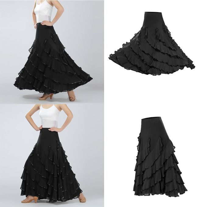 Ballroom Flamenco Dress Latin Cha Cha Big Swing Long Skirt For Black