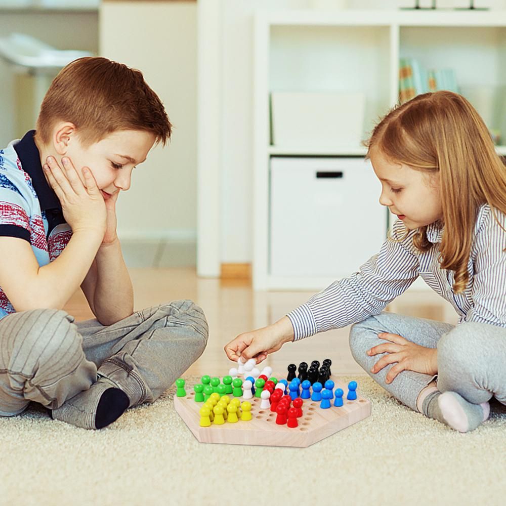 Portable Chinese Checker Game Set Rubber Wood Chinese Checkers Classic Chinese Strategy Board Game Children Puzzle Game