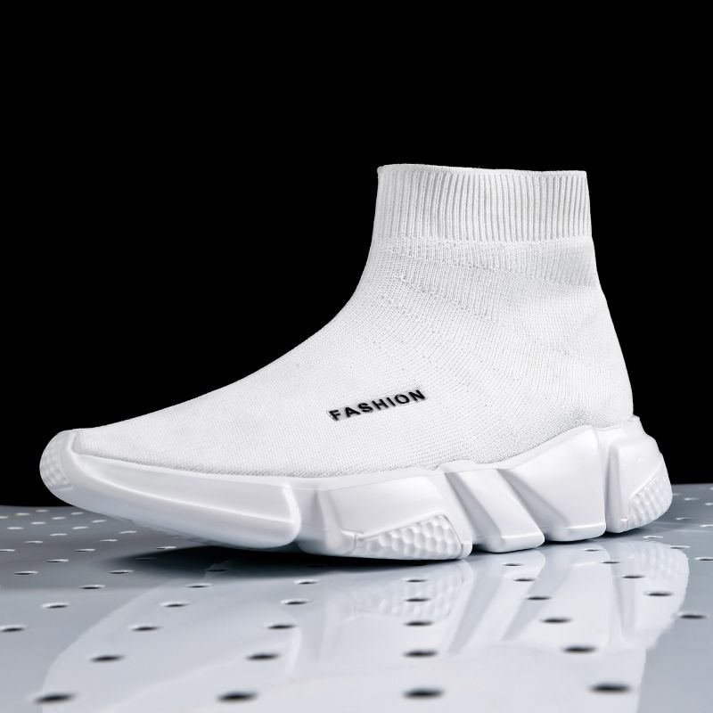 (Black White)New Trend Men Running Shoes High Top Couple Socks Sneakers Outdoor Women Slip On Sport