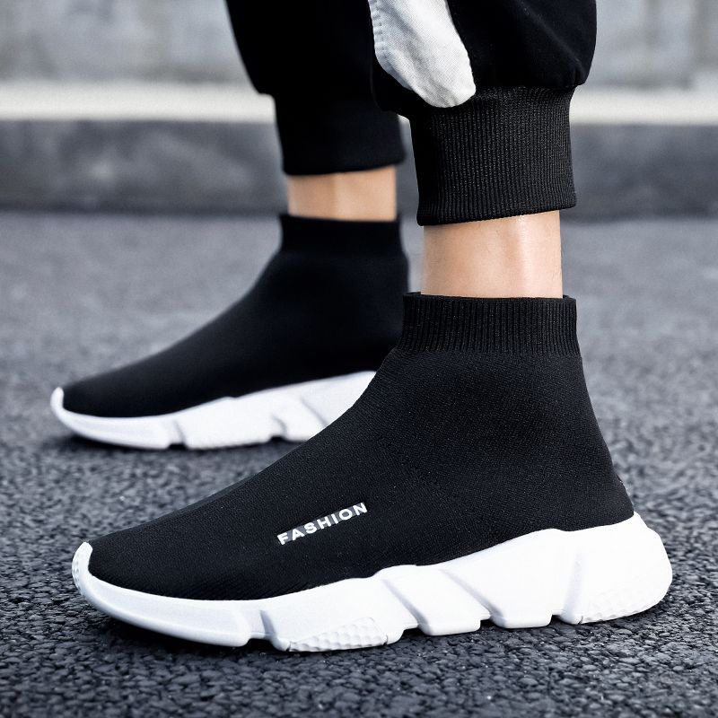 (Black White)New Trend Men Running Shoes High Top Couple Socks Sneakers Outdoor Women Slip On Sport