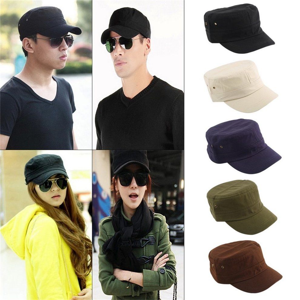 Casual Uni  Solid Color   Cap Military Flat Top Adjustable Baseball Hat-Black