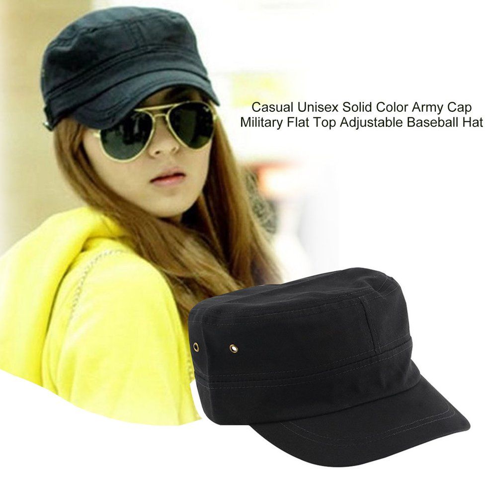 Casual Uni  Solid Color   Cap Military Flat Top Adjustable Baseball Hat-Black