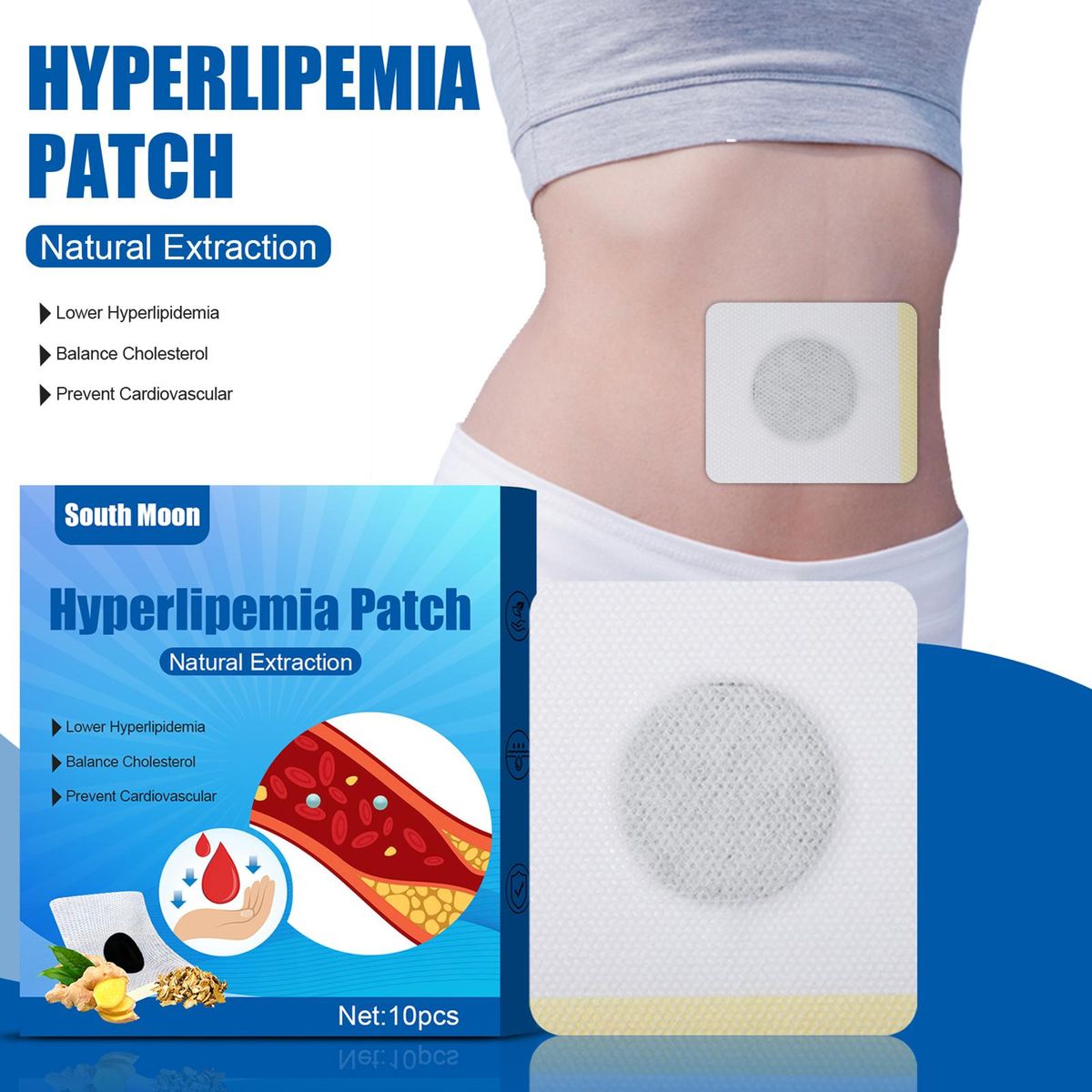 South Moon 10Pcs Hyperlipemia Patches Natural Extraction Non-woven Fabric Lower Hyperlipemia Balance Cholesterol Stop Cardiovascular