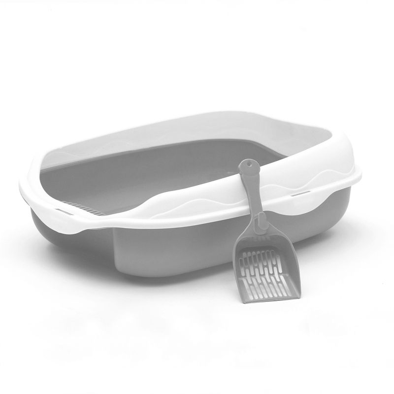 Large Space Cat Litter Box Plastic Kitten Potty Box Pet Litter Pan With Cat Litter Shovel-Grey White