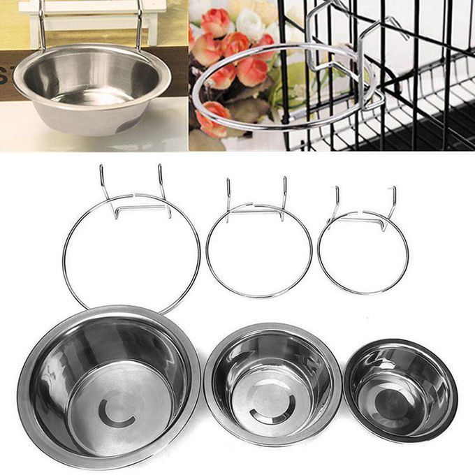 Stainless Steel Hanging Bowl Feeding Pet Bird Dog Food Water Cage Cup