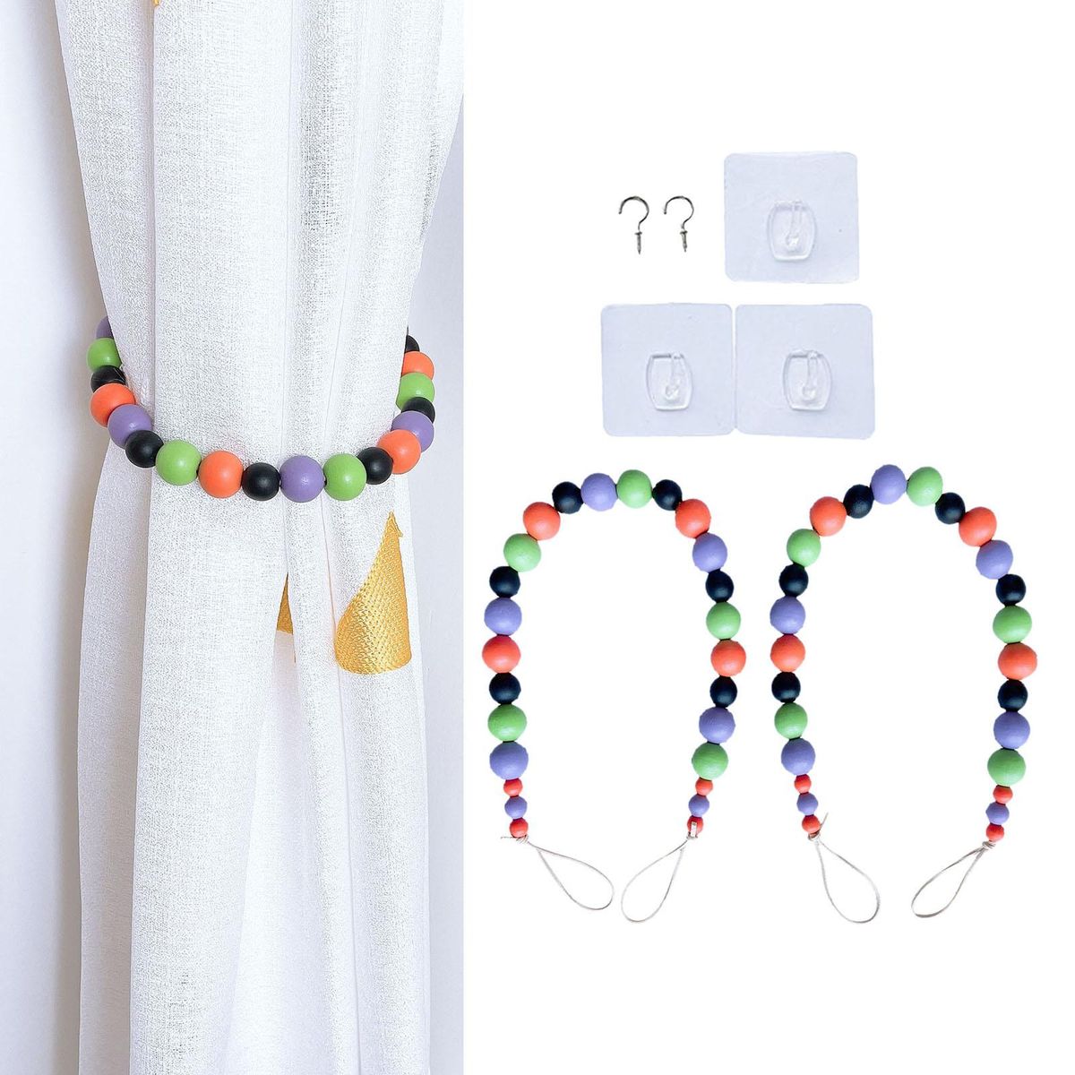 Boho Wooden Bead Curtain Tiebacks Decorative Window Drapery Colorful 1