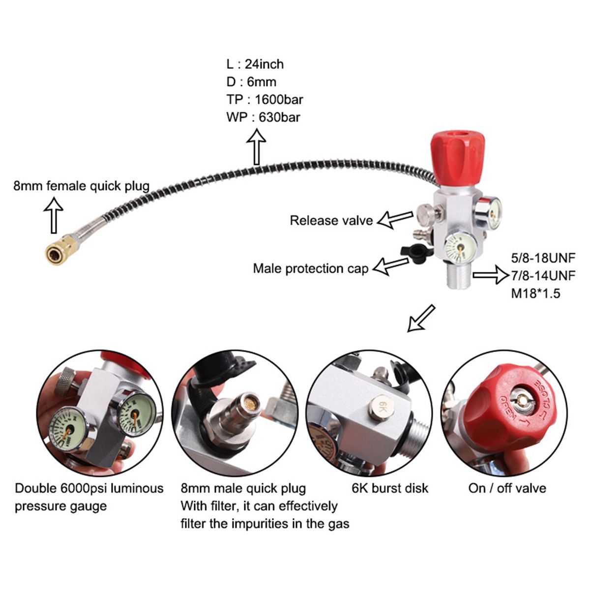 Air Filling Station Refill Adapter Portable Alloy Valve Silver 14UNF