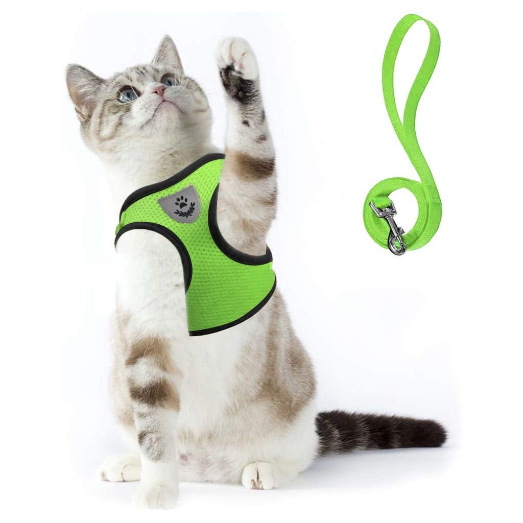 Reflective Breathable Soft Mesh Harness & Leash Set - GREEN