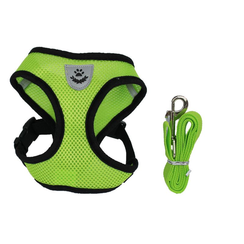 Reflective Breathable Soft Mesh Harness & Leash Set - GREEN