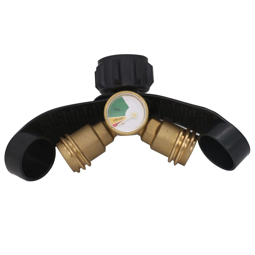 Propane Y-Splitter Adapter With Gauge 2 Way LP Gas Adapter